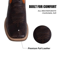 PLT-103607 Western Men's Cracked Leather Embroidered Square Toe Cowboy Full Grain Leather Boots