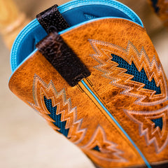 PLT-103607 Western Men's Cracked Leather Embroidered Square Toe Cowboy Full Grain Leather Boots