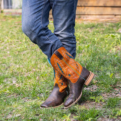 PLT-103607 Western Men's Cracked Leather Embroidered Square Toe Cowboy Full Grain Leather Boots