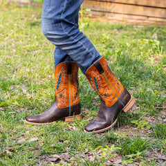 PLT-103607 Western Men's Cracked Leather Embroidered Square Toe Cowboy Full Grain Leather Boots