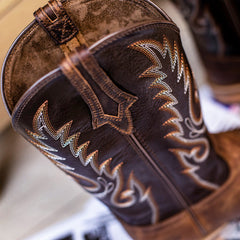 PLT-203608  Western Women's Embroidered Wide Toe Cowgirl Genuine Leather Boots