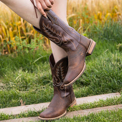 PLT-203608  Western Women's Embroidered Wide Toe Cowgirl Genuine Leather Boots