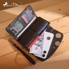 MW1360-W018   Montana West Hair-On Hide Tooled Wallet – Western Wristlet - Black