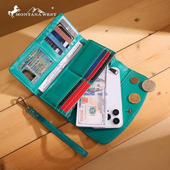 MW1360-W018   Montana West Hair-On Hide Tooled Wallet – Western Wristlet -Turquoise