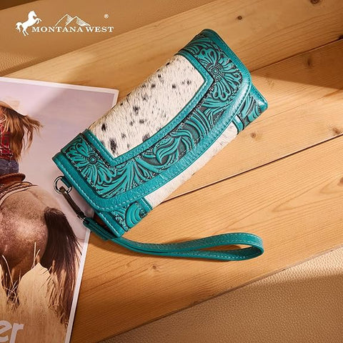 MW1360-W018   Montana West Hair-On Hide Tooled Wallet – Western Wristlet -Turquoise