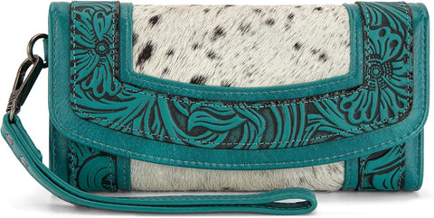 MW1360-W018   Montana West Hair-On Hide Tooled Wallet – Western Wristlet -Turquoise