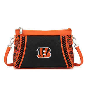NFL-HB-CIN-028-BK NFL Cincinnati Bengals Braided Floral Crossbody Bag