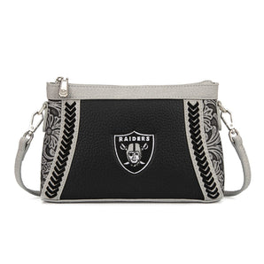 NFL-HB-LV-028-BK NFL Las Vegas Raiders Braided Floral Crossbody Bag