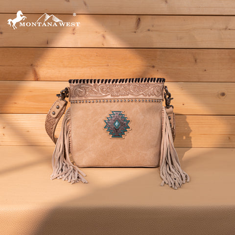MW1350-8360 Montana West Tooled Aztec Concho Collection Crossbody -Tan