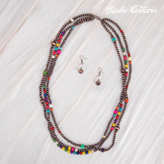 RNS-1035  Rustic Couture's  Turquoise Beaded  Layered Necklace Earrings Set