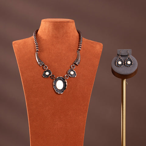 RNS-1056  Rustic Couture's Bohemian Oval White Stone Pendant Necklace Earring Set