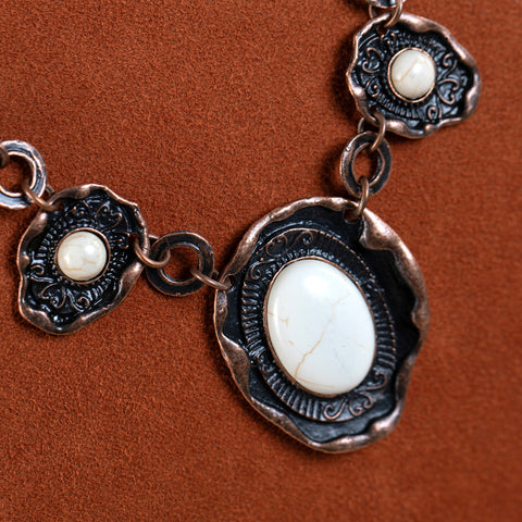 RNS-1056  Rustic Couture's Bohemian Oval White Stone Pendant Necklace Earring Set