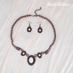 RNS-1056  Rustic Couture's Bohemian Oval White Stone Pendant Necklace Earring Set