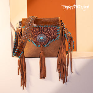 TR177G-9360 Trinity Ranch Hair-On Cowhide Floral Tooled Concealed Carry Crossbody Bag - Brown