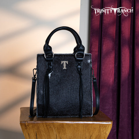 TR183-8360  Trinity Ranch Hair On Cowhide Top Handle Tote/Crossbody - Black
