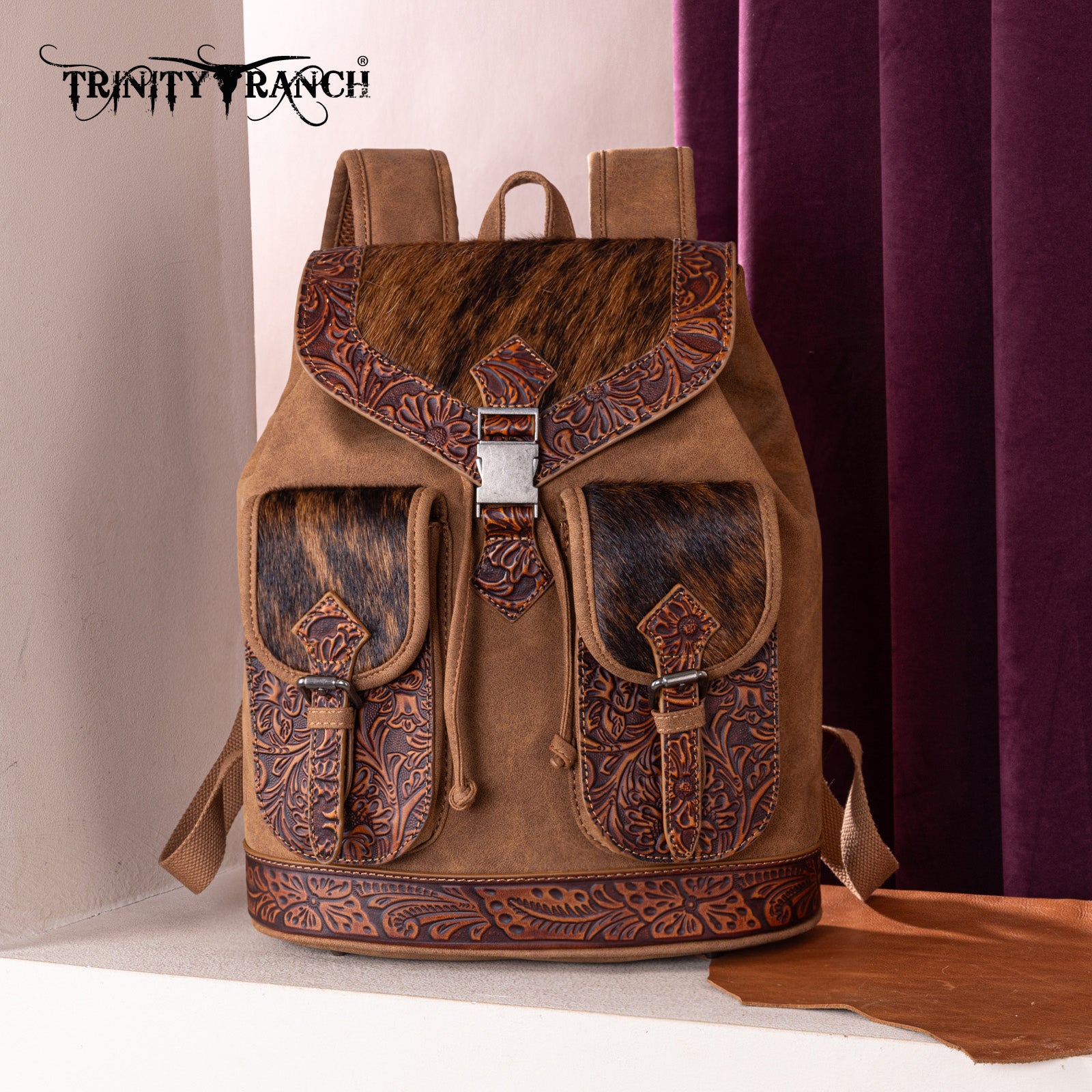TR185-9110 Trinity Ranch Genuine Hair-On Cowhide Tooled Backpack Brown