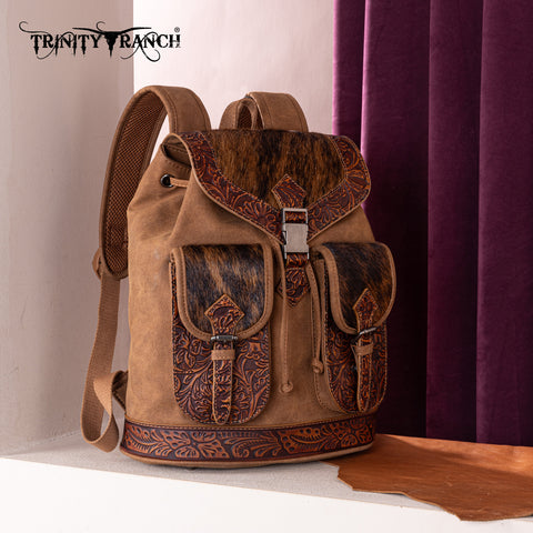 TR185-9110   Trinity Ranch Genuine Hair-On Cowhide Tooled Backpack - Brown
