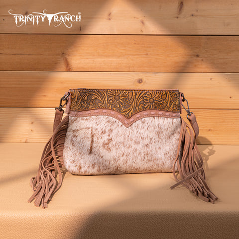 TR200-1814 Trinity Ranch  Floral Tooled Hair-On Cowhide Crossbody - Dark Pink