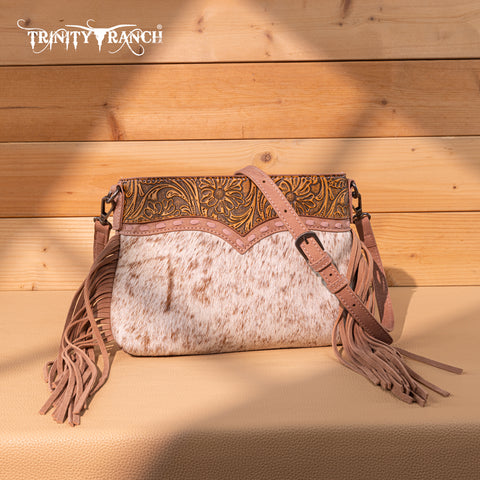 TR200-1814 Trinity Ranch  Floral Tooled Hair-On Cowhide Crossbody - Dark Pink