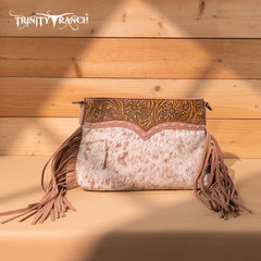 TR200-1814 Trinity Ranch  Floral Tooled Hair-On Cowhide Crossbody - Dark Pink