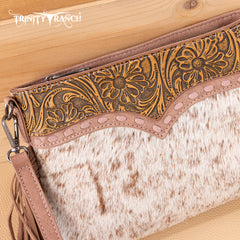 TR200-1814 Trinity Ranch  Floral Tooled Hair-On Cowhide Crossbody - Dark Pink