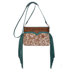 TR200-1814 Trinity Ranch  Floral Tooled Hair-On Cowhide Crossbody - Turquoise