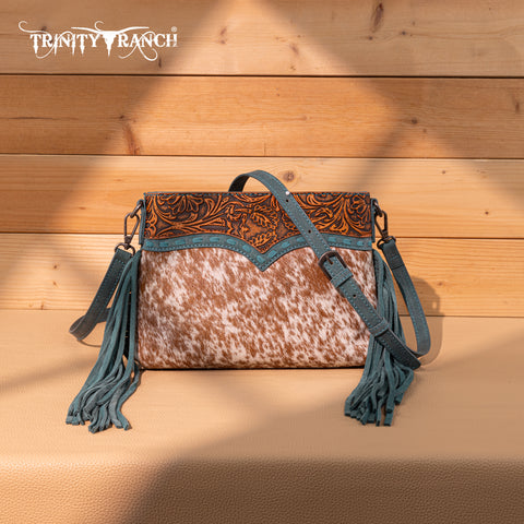 TR200-1814 Trinity Ranch  Floral Tooled Hair-On Cowhide Crossbody - Turquoise