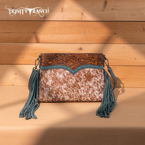 TR200-1814 Trinity Ranch  Floral Tooled Hair-On Cowhide Crossbody - Turquoise