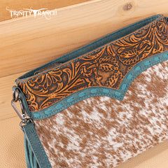 TR200-1814 Trinity Ranch  Floral Tooled Hair-On Cowhide Crossbody - Turquoise