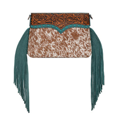 TR200-1814 Trinity Ranch  Floral Tooled Hair-On Cowhide Crossbody - Turquoise