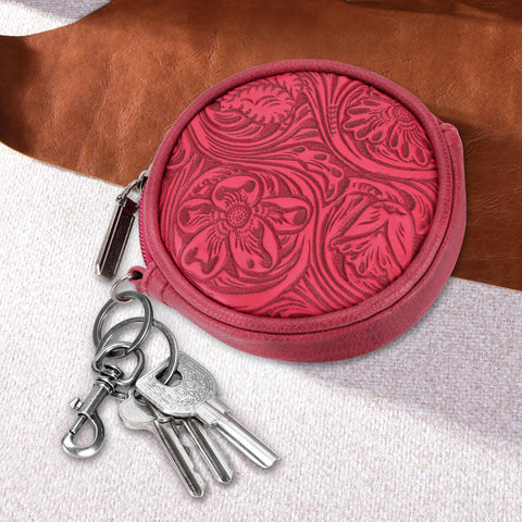 WG116-003  Wrangler Floral Tooled Circular Coin Pouch Bag Charm - Red
