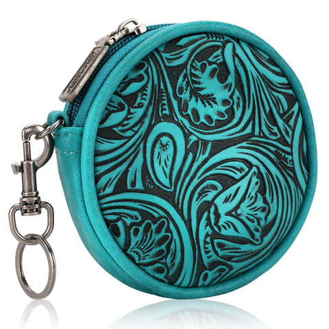 WG116-003  Wrangler Floral Tooled Circular Coin Pouch Bag Charm - Turquoise