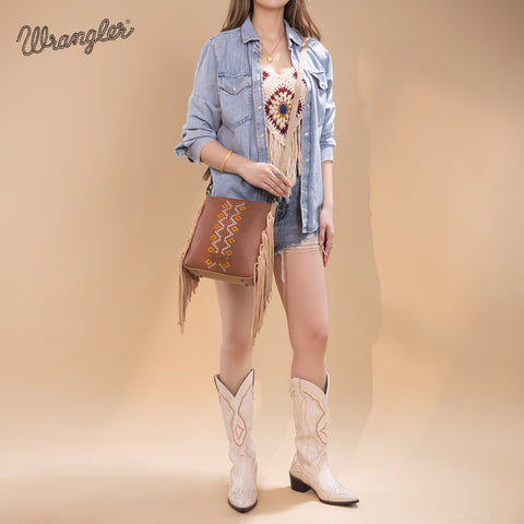 WG233-8360  Wrangler Aztec Embroidered Fringe Crossbody - Light Brown