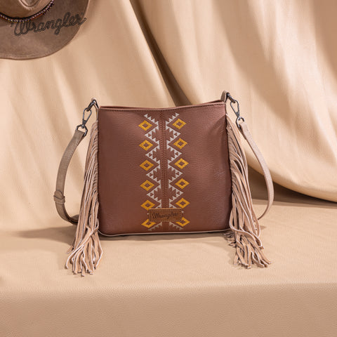 WG233-8360  Wrangler Aztec Embroidered Fringe Crossbody - Light Brown
