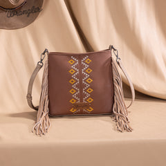WG233-8360  Wrangler Aztec Embroidered Fringe Crossbody - Light Brown