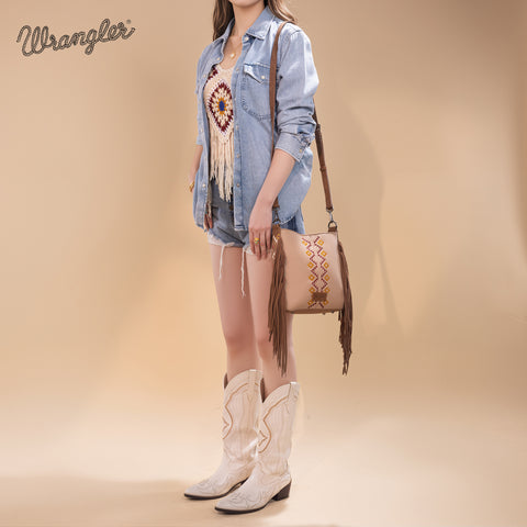 WG233-8360  Wrangler Aztec Embroidered Fringe Crossbody - Tan