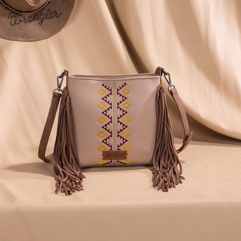 WG233-8360  Wrangler Aztec Embroidered Fringe Crossbody - Tan