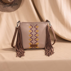 WG233-8360  Wrangler Aztec Embroidered Fringe Crossbody - Tan