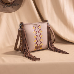 WG233-8360  Wrangler Aztec Embroidered Fringe Crossbody - Tan