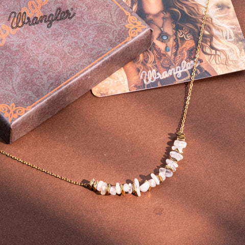 WNS-1106WT  Wrangler 14K Gold Natural Stone Chips Beaded Choker Necklace -White