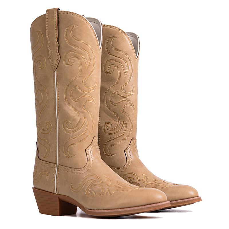 PLT-703602A Western Women's Vintage Embroidered Round Toe Cowgirl Vegan Leather Boots