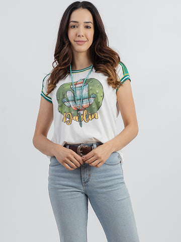 Delila Women Mineral Wash Contrast Stitched Cactus Graphic Print Short Sleeve Tee DL-T066（Prepack 7 Pcs）