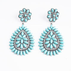 ER221015-03 Silver Base Turquoise stone Flower Blossom Teardrop Shape Dangling Earring