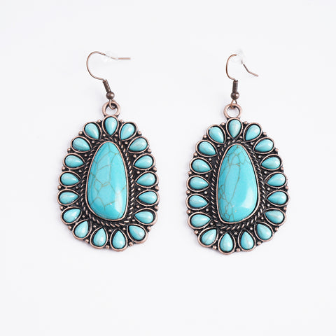 ER221015-01 Copper Base with Turquoise Stone Blossom  Oval Shape Dangling Earring