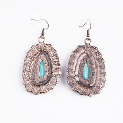 ER221015-01 Copper Base with Turquoise Stone Blossom  Oval Shape Dangling Earring