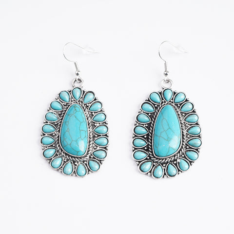 ER221015-01  Silver Base with Turquoise Stone Blossom Oval Shape Dangling Earring