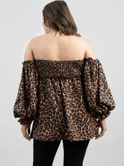American Bling Women Leopard Print With Knot Off-Shoulder Sleeve Plus Size Top AB-T1011（Prepack 6 Pcs）