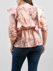 American Bling Women Floral Print Ruffle 3/4 Sleeve Wrap Plus Size Blouse AB-TS1013