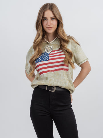 American Bling Women Mineral Wash “Amercian Flag” Graphic Short Sleeve Relaxed Fit Tee AB-T3007 (Prepack 7 Pcs)