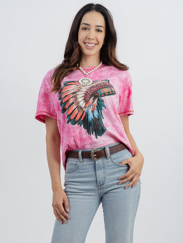 Women's Tie Dye Native Headdress Graphic Short Sleeve Relaxed Fit Tee AB-T3006
